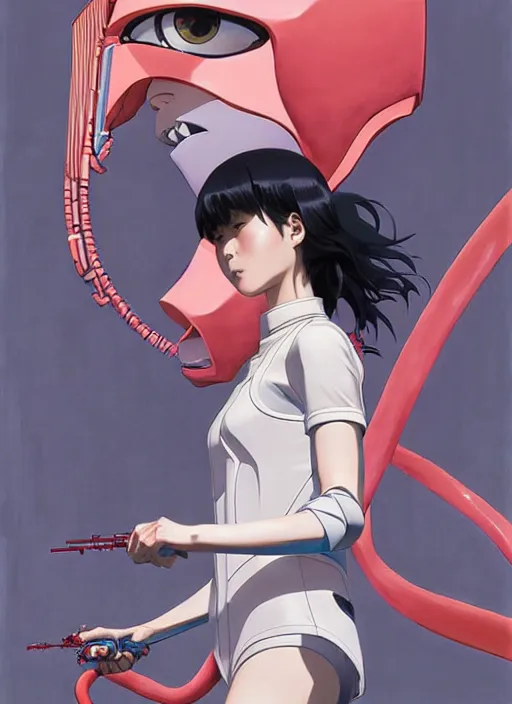 Prompt: Artwork by James Jean and Phil noto and hiyao Miyazaki ; a young Japanese future police lady named Yoshimi battles an evil natures carnivorous robot on the streets of Tokyo; Art work by hiyao Miyazaki, Phil noto and James Jean