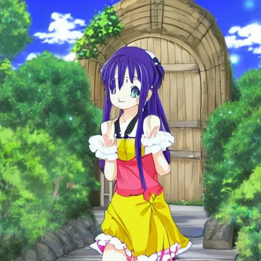 Prompt: a very cute art of a smiling anime girl idol wearing a colorful dress, walking at the garden, walking over a skeleton, in the style of anime, near a stone gate