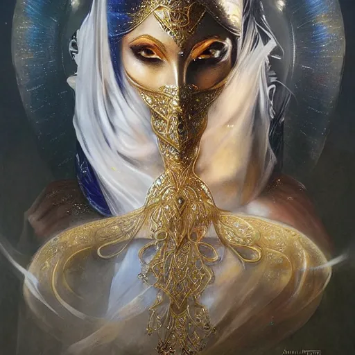 Image similar to a beautiful woman wearing a white niqab made of silk with golden jewelry and diamonds by alex gray and android jones, karol bak, ayami kojima, arabian, concept art, fantasy