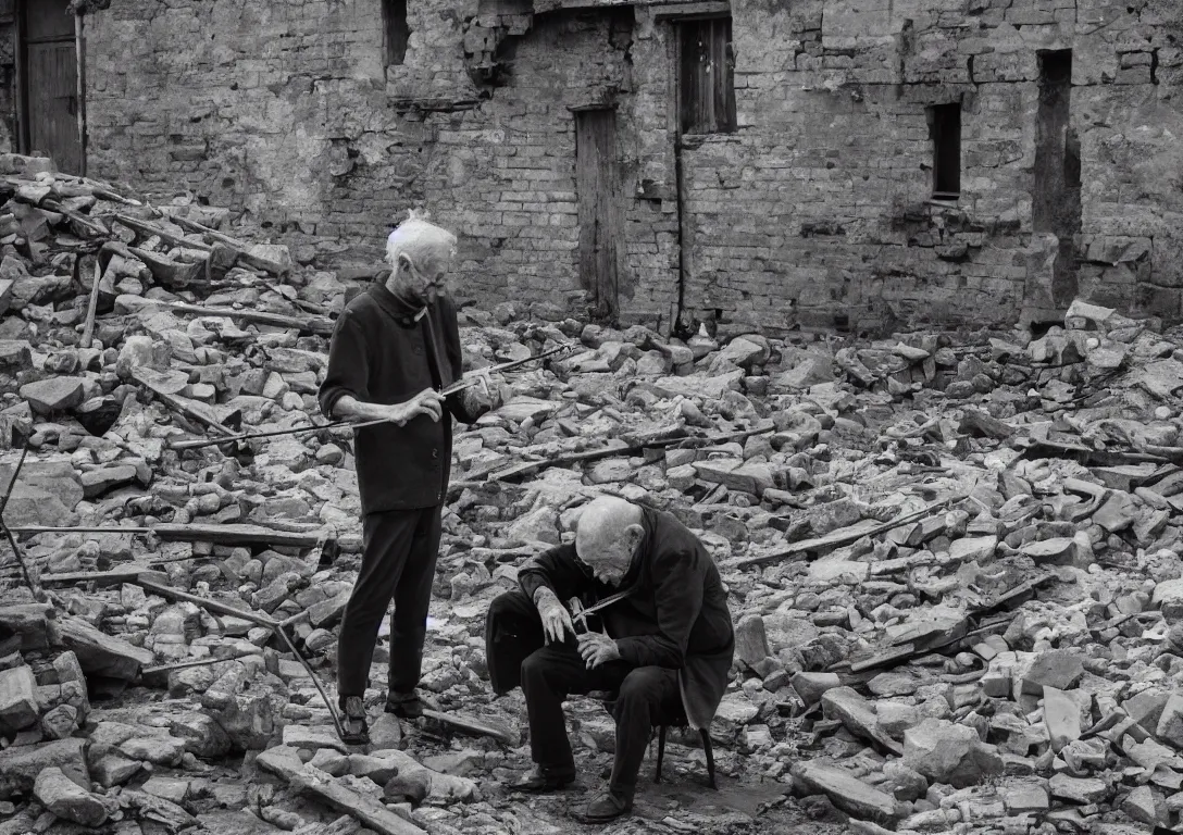 Prompt: An old photo of an old man playing the violin while standing in the rubbles after a war, unreal engine, black and white schemed, trending on artstation