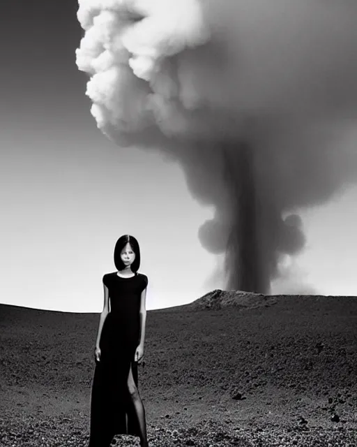 Image similar to high fashion photography of an elegant chic young woman with model looks like Chie Yamano and long straight hair, she is wearing a minimalist simple dress, intense expression, at the edge of an active volcano caldera spewing magma, by Steven Meisel and Chris Cunningham