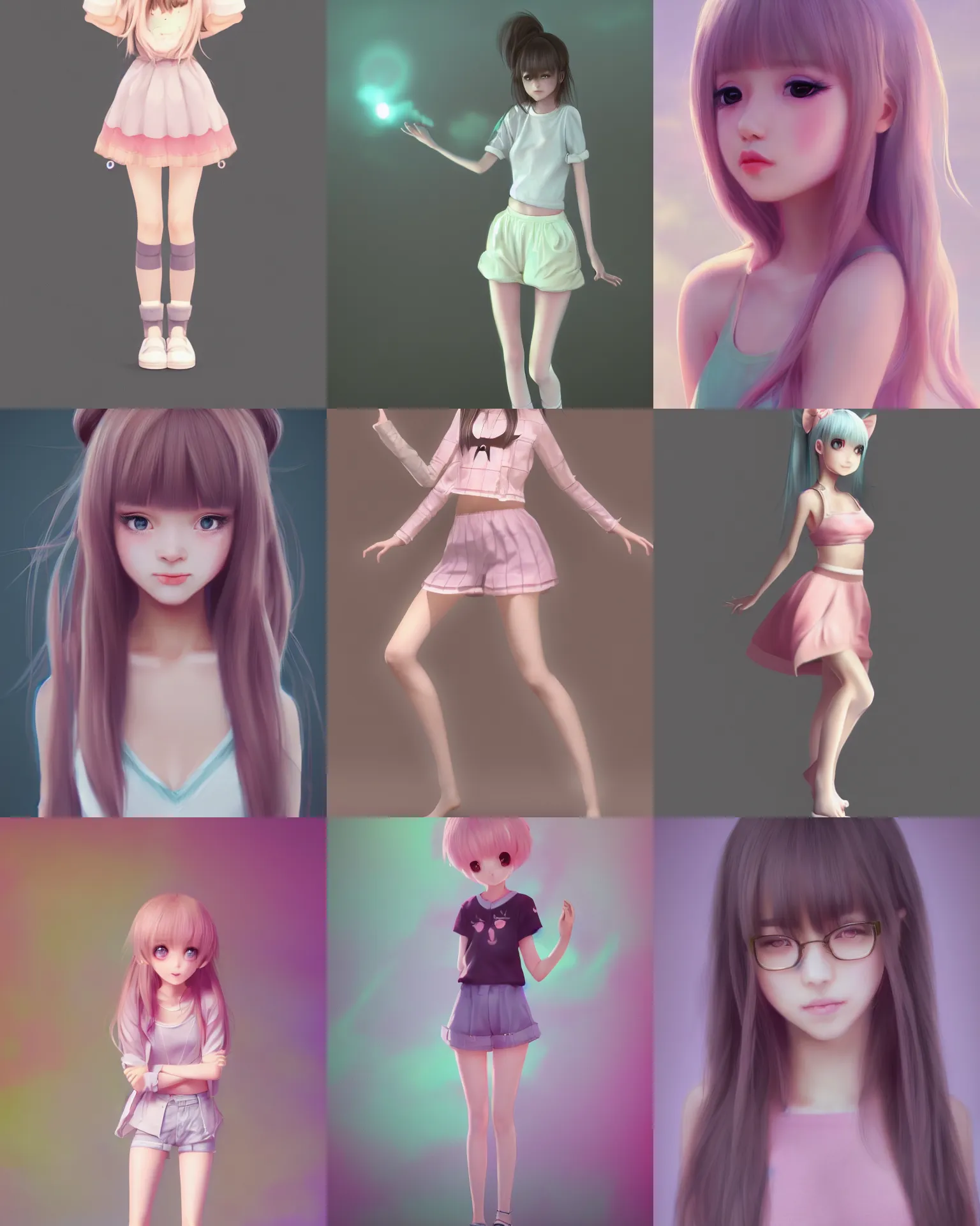 Prompt: full body cinematic portrait shot of a very beautiful kawaii girl in very cute realistic WLOP digital art style, trending on Artstation, made by Tran Ross, , feminine in cute pastel shades, trending on pixiv, Unreal Engine, cool 3d visualisation, 4k, with beautiful volumetric light