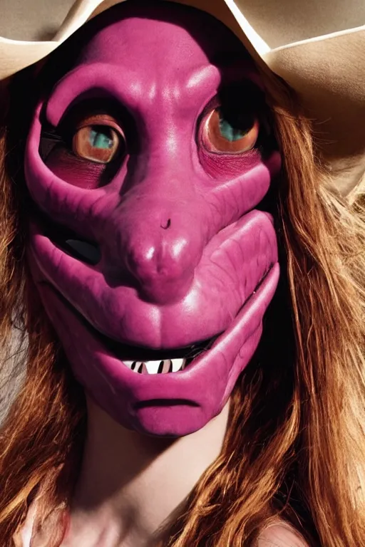 Image similar to comme des garcons campaign featuring jar jar binks as a female cowgirl, long eyeslashes, huge juicy lips, big seductive eyes, unprocessed colors, # nofilter, realistic vfx simulation