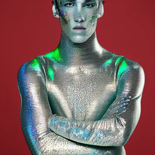 Prompt: a portrait of a beautiful young male wearing an alexander mcqueen armor made of holographic wax , photographed by andrew thomas huang, artistic