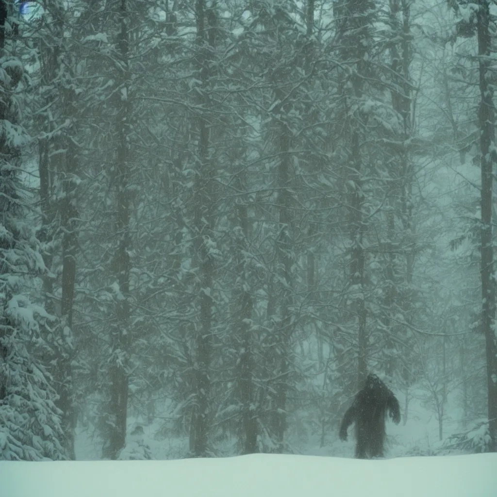 Image similar to photo, bigfoot is hiding in the background. cold color temperature, snow storm. hazy atmosphere. humidity haze. kodak ektachrome, greenish expired film, award winning, low contrast