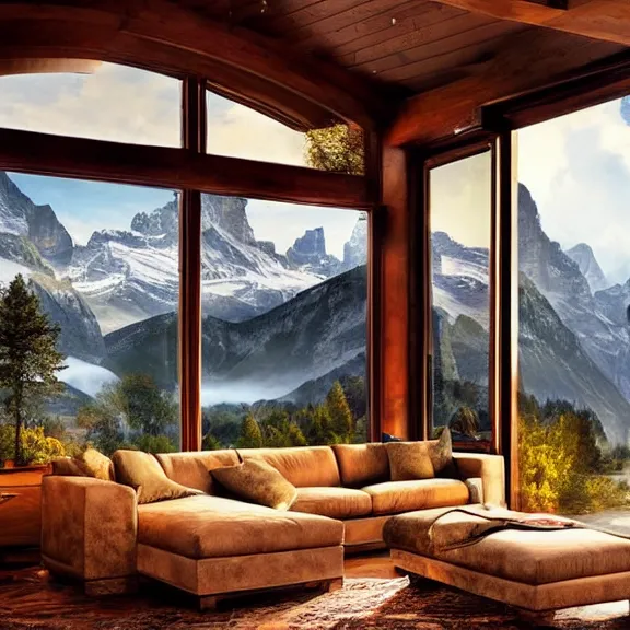 Prompt: fantastical living room with switzerland landscape in the window by marc adamus, beautiful dramatic lighting