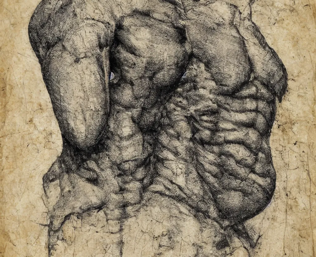 Prompt: ancient magical humanoid creature, torso and head, bust, musculature, diagram nature sketchbook, greys anatomy book, etching, intaglio, on old distressed parchment paper,