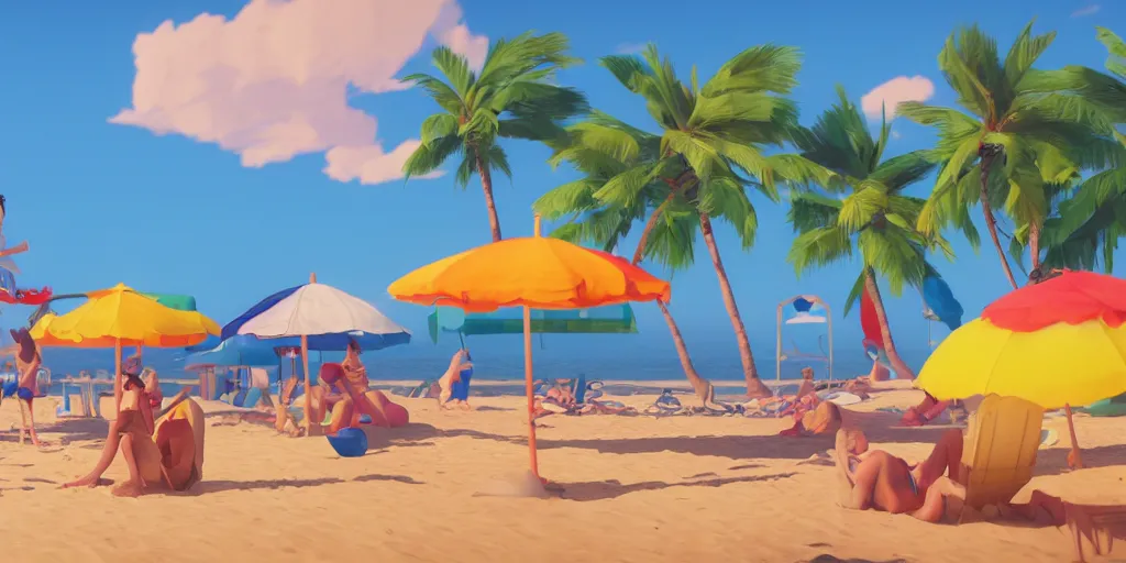 Prompt: a film still of a sunny and colourful beach scene in santa monica, los angelos, top shot, waist up, wes anderson, studio ghibli, pixar and disney animation, sharp, rendered in unreal engine 5, anime key art by greg rutkowski, bloom, dramatic lighting