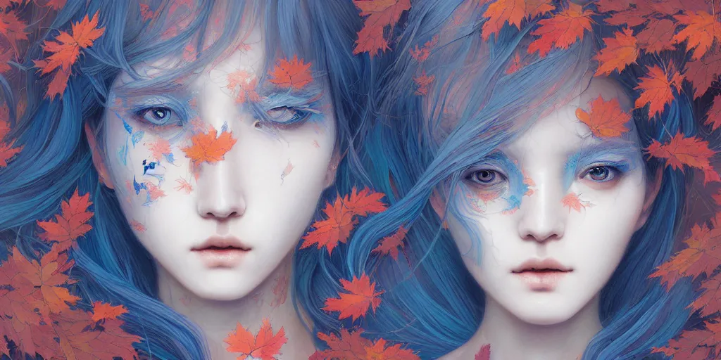 Prompt: breathtaking detailed concept art painting pattern of blue hair faces goddesses amalgamation autumn leaves with anxious piercing eyes, by hsiao - ron cheng and james jean, pastel colors, bizarre compositions, exquisite detail, 8 k