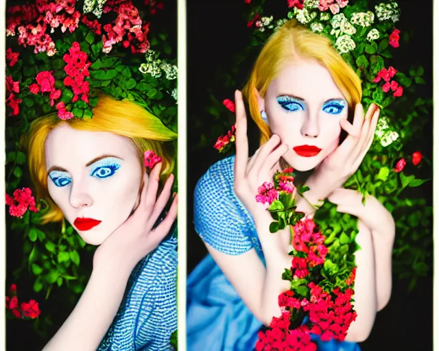 Image similar to pale young woman with bright blonde hair, freckles, blue eyes and a wide face, flowery dress, using a dslr camera, dramatic, surreal art by anna nikonova