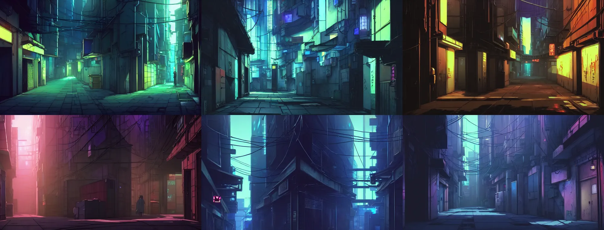 Image similar to a close up of a city alleyway in the atmospheric cyberpunk anime film, gouache matte background painting, neon noir, at night with lights, by makoto shinkai, in the anime series ergo proxy, beautiful specular edge highlights and rim lighting