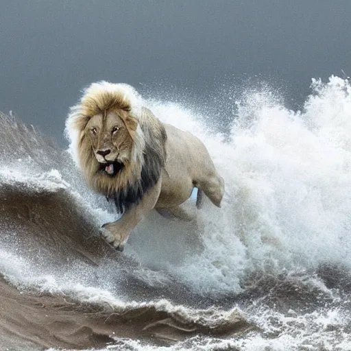 Image similar to a lion's face breaching through a wave, stormy weather