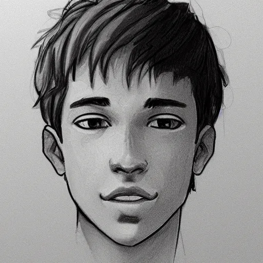 Image similar to sketch of a teenage boy with very short side part hair smiling trending on artstation