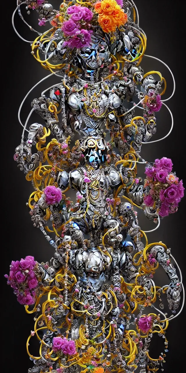 Prompt: beautiful cybernetic robotic bajrang bali colorful flowers and cables arranged in a damask pattern + clear glass exoskeleton, inside organic robotic tubes and parts, black background, symmetrical composition + intricate details, hyperrealism, wet, reflections + by alfonse mucha and peter mohrbacher, no blur