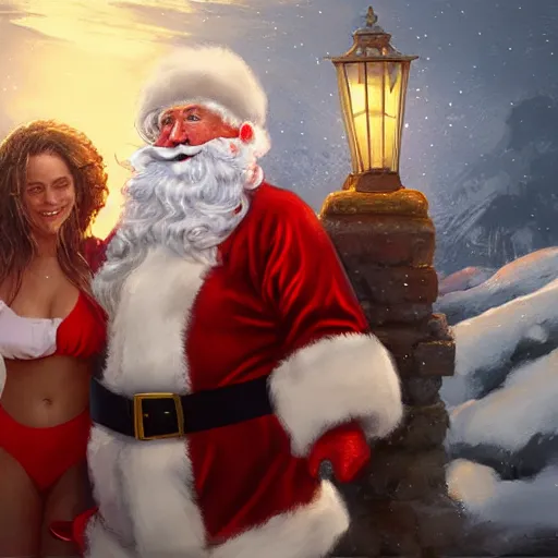 Prompt: santa claus next to his beautiful helper who is wearing a bikini, highly detailed, digital painting, illustration, in the style of greg rutkowski