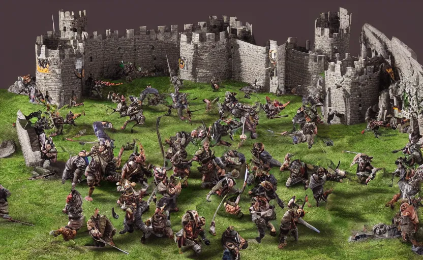 Image similar to diorama of minions fighting orcs in the battle of helm's deep, giant castle walls, realistic, 4 k, detailed