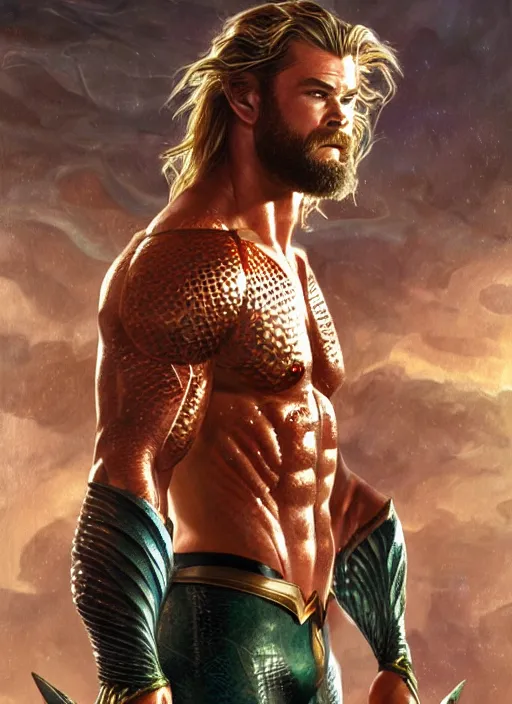 Image similar to chris hemsworth as aquaman, muscular, fantasy, intricate, elegant, highly detailed, digital painting, artstation, concept art, smooth, sharp focus, illustration, art by artgerm and greg rutkowski and alphonse mucha