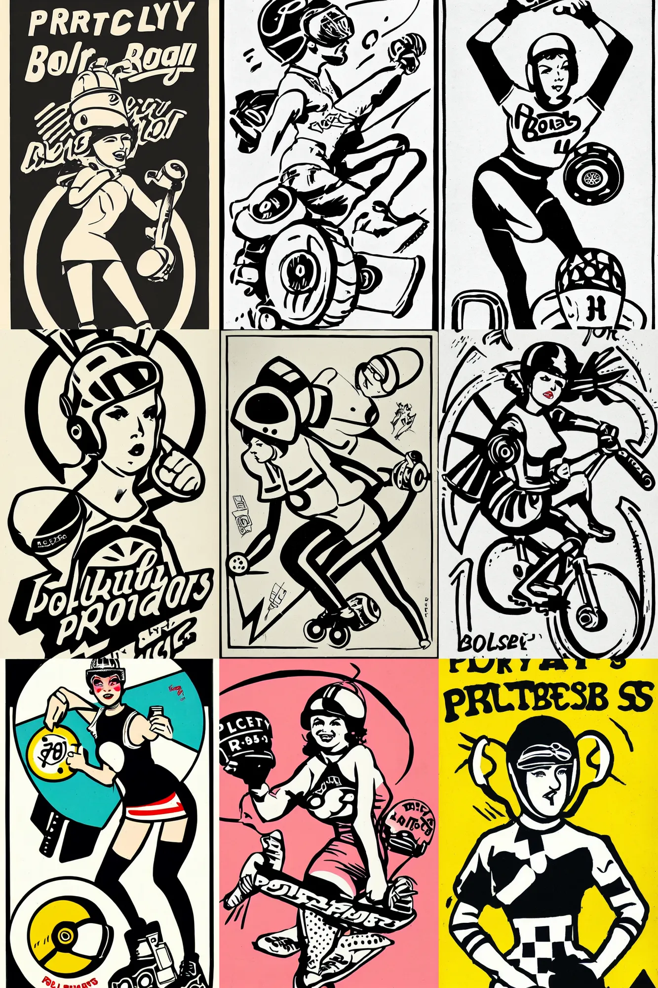 Prompt: illustrated logo, pretty roller derby girl, wearing roller derby helmet, mcbess, 1960s, carrying a tray