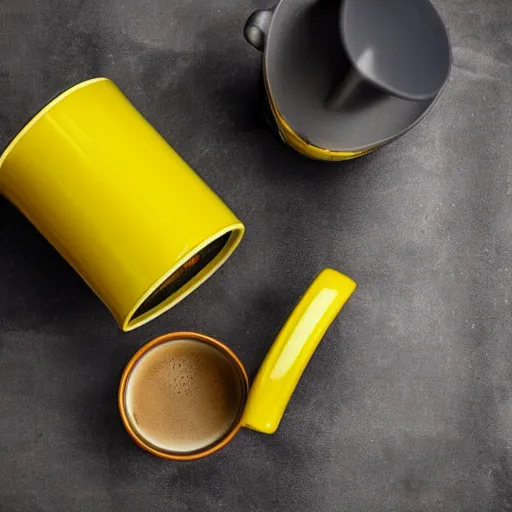 Prompt: yellow coffee mug, mugs surface is similar to a rimowa aluminium suitcase, mug is full of steaming coffee