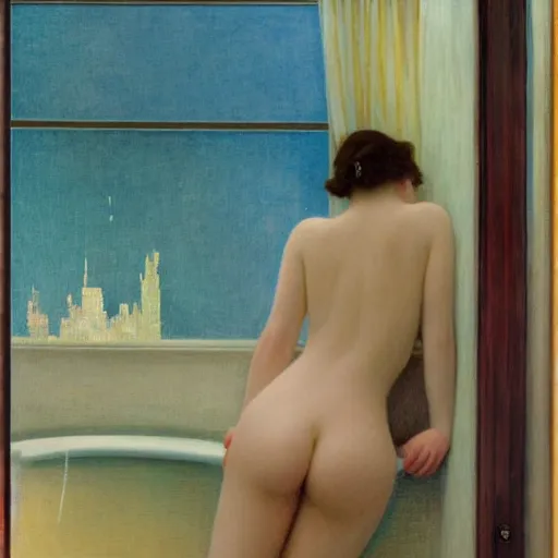 Prompt: dreamy oil painting of young woman in a large bathtub full of milk, smiling with her eyes closed as she washes herself, city lights from art deco window, hopper, mucha, irene patten, manara