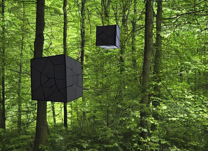 Image similar to black hypercube floating in a forest