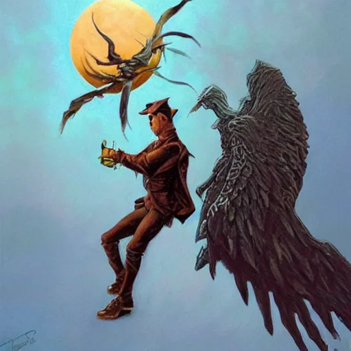 Image similar to painting in style of michael whelan, the dark angel of coffee