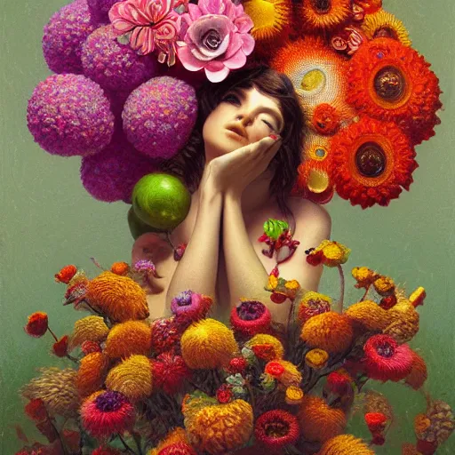 Image similar to hyper detailed 3d octane render illustration like a Oil painting - a vivid crazy flower bouquet, long petals, huge blossoms, by Jacek Yerka, Mariusz Lewandowski, Marious generative render, long brush strokes, Masterpiece, Edward Hopper and James Gilleard, Mark Ryden, Wolfgang Lettl, hints of Yayoi Kasuma, octane render, 8k