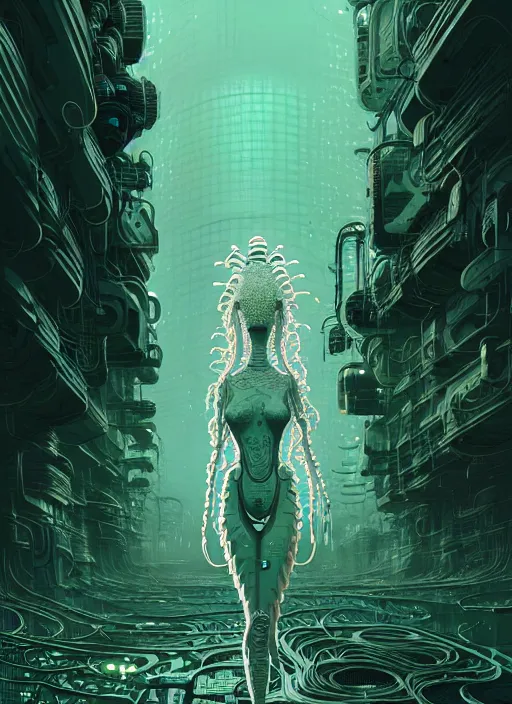 Image similar to highly detailed portrait of a biopunk long curly white hair tribal lady, stray wiring by atey ghailan, james gilleard, by joe fenton, by greg rutkowski, by greg tocchini, by kaethe butcher, 4 k resolution, gradient green, black and white color scheme!!! ( ( green caustic robotic dystopian city background ) )