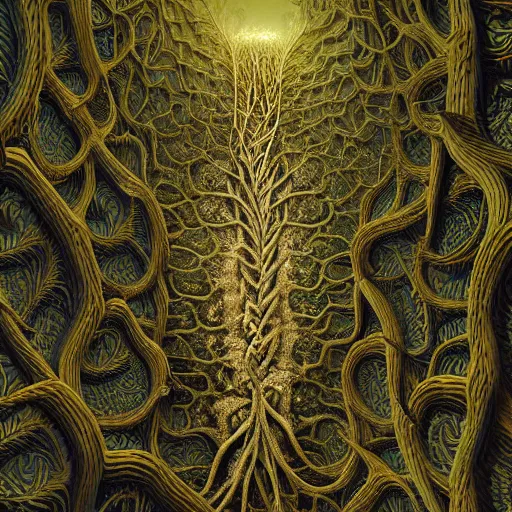 Image similar to an intricate and detailled illustration close - up of intricate fractal mandelbulb made of smoke and vines, lot of eyes, rendered in cinema 4 d, by esao andrews and karol bak and zdzislaw beksinski and zdzisław beksinski, trending on art station