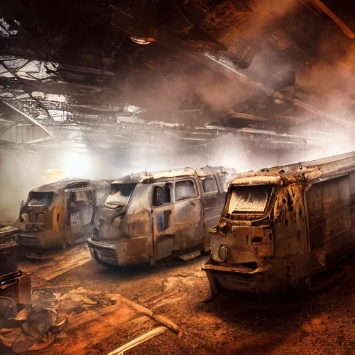 Image similar to toaster ovens on conveyor belt, dark messy smoke - filled cluttered workshop, dark, dramatic lighting, orange tint, sparks, cinematic, highly detailed, sci - fi, futuristic, movie still