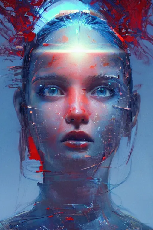 Prompt: 3 d, sci - fi, sun rays, sleepy fashion model face, blue faces, cinematic, vogue cover style, poster art, light red and deep blue mood, realistic painting, intricate oil painting, high detail, figurative art, multiple exposure, poster art, 3 d, by tooth wu and wlop and beeple and greg rutkowski