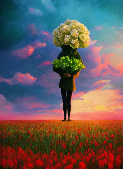 Image similar to woman with a giant carnation head, flower field, surreal photography, sunset dramatic light, impressionist painting, colorful clouds, blue sky, digital painting, artstation, simon stalenhag