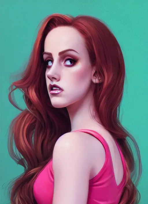 Image similar to full body portrait of teenage cheryl blossom, bangs, green eyes, sultry expression, red hair, sultry smirk, bangs and wavy hair, pink skirt, intricate, elegant, glowing lights, highly detailed, digital painting, artstation, concept art, smooth, sharp focus, illustration, art by wlop, mars ravelo and greg rutkowski