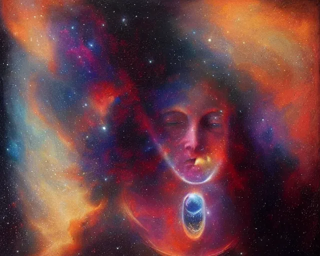 Image similar to cosmic person nebula, an oil painting, by ( leonardo da vinci ) and greg rutkowski and rafal olbinski ross tran airbrush time magazine