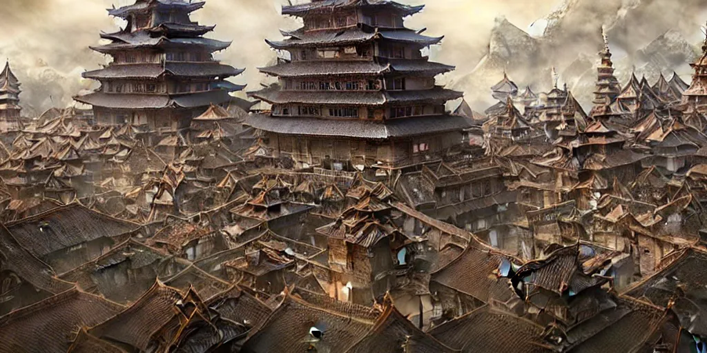 Prompt: a beautiful and insanely detailed matte painting of an advanced sprawling medieval civilization with surreal japanese architecture designed by akihiko yoshida!, whimsical!!, epic scale, intricate details, sense of awe, elite, fantasy realism, complex layered composition!!