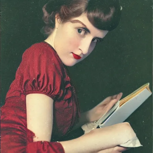 Image similar to a vintage 1 9 0 0 s kodachrome slide portrait of a young woman reading a book.