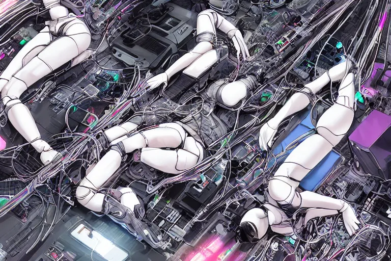 Prompt: a cyberpunk illustration of a group of three female androids in style of masamune shirow, lying on an empty, white floor with their bodies broken scattered rotated in different poses and cables and wires coming out, by yukito kishiro and katsuhiro otomo, hyper-detailed, intricate, view from above