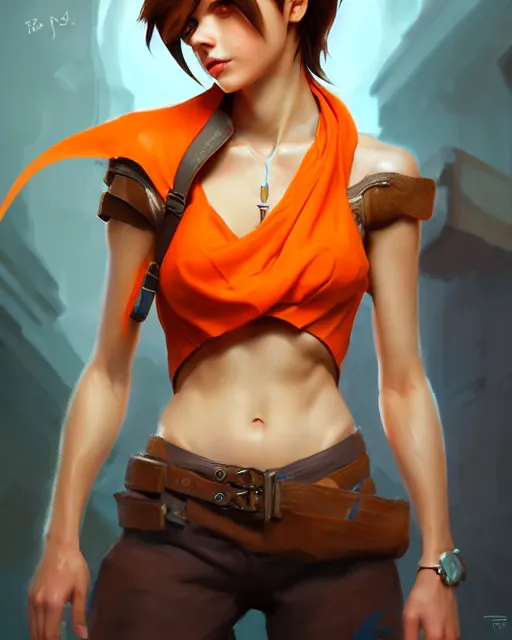 Image similar to play of the game of tracer wearing orange halter top, perfect face, brown hair, abs, cinematic, stunning, cute, adorable, strong, highly detailed, psychedelic, digital painting, artstation, smooth, hard focus, illustration, art by jessica rossier and and brian froud