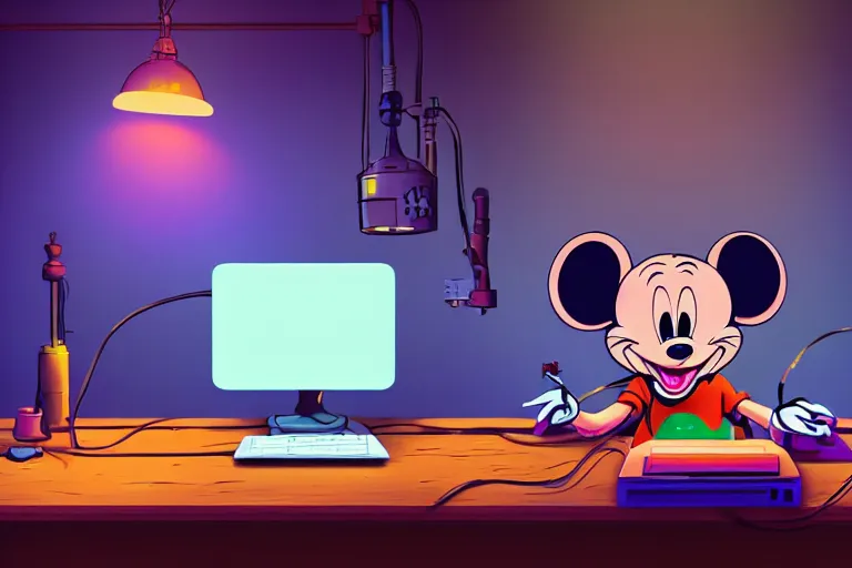 Prompt: A mouse is working on a computer in a Gothic atelier, detailed, colorful, glowing lighting, 4k, dimly lit, in the style of vintage Disney 90s retro future,