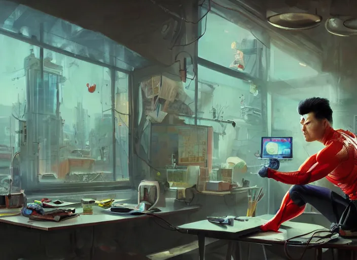 Image similar to an insanely detailed painting of an asian man wearing a homemade superhero costume, sitting at a desk, staring seriously at the computer and typing, in the style of peter mohrbacher, james jean, artgerm, dramatic lighting and composition, surreal background, octane render, pixar, trending on artstation, concept art, comic book, view from behind, 8 k