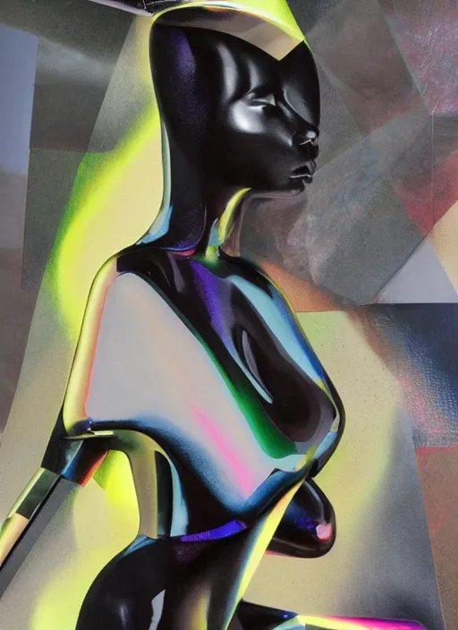 Image similar to futuristic lasers tracing, colorsmoke, leather fullbodysuit, pyramid hoodvisor, raindrops, wet, oiled, beautiful cyborg girl, by steven meisel, kaws, rolf armstrong, mondrian, kandinsky, perfect geometry abstract acrylic, octane hyperrealism photorealistic airbrush collage painting, dark monochrome, fluorescent colors, minimalist rule of thirds, eighties eros