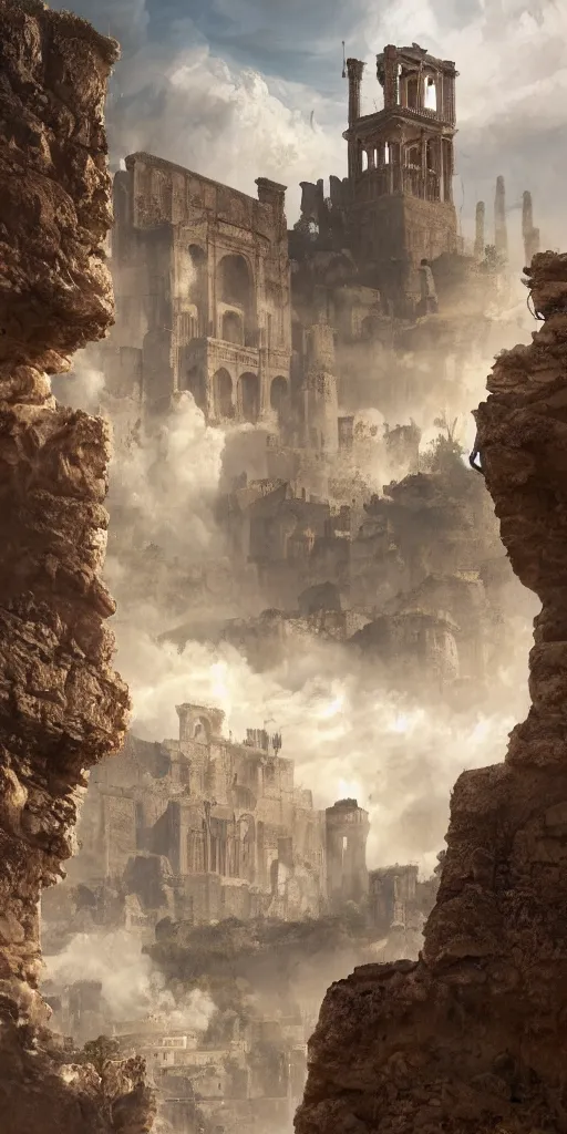 Image similar to epic view of an ancient Byzantine city surrounded by clouds, Giant imposing tower, full of strange statues and murals, full of smoke and dust, hyper real, Indiana Jones, Tomb Raider, trending on artstation, concept art, cinematic, city, by Greg Rutkowski