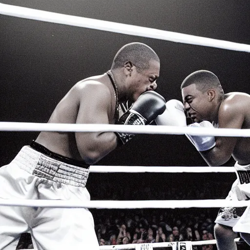 Prompt: jay - z and nas duke it out in a boxing ring madison square garden photo from 1 9 9 7