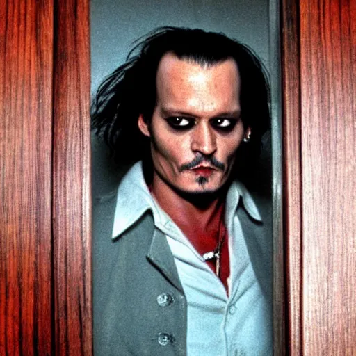 Image similar to Johnny Depp as Jack Torrance in Shining looking through the hole in the door,