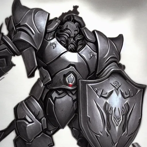 Image similar to reinhardt overwatch in the style of Diablo, highly detailed, pencil drawing, hyper realistic