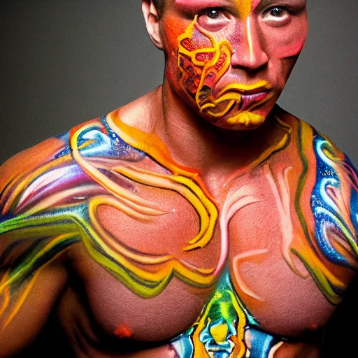 Image similar to extremely muscular man with effonate face and intricate fluorescent body paint, studio portrait photography, Portra 800
