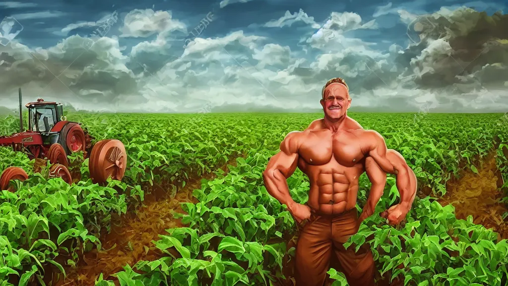 Prompt: bodybuilder farmer surveying his crops, digital 2d fantasy art