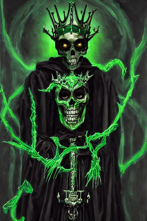 Image similar to portrait of an ominous skeleton king dressed in black robes wielding poisonous powers, glowing green and black tones, oil on canvas, gothic style, ornate, elegant, highly detailed, realistic, concept art, trending on artstation