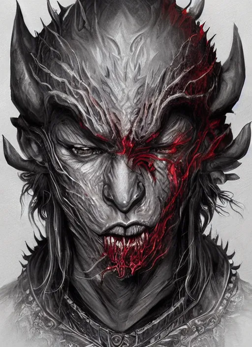 Image similar to a higly detailed airbrush full body shot portrait painting of a fantasy demonic character, fantasy portrait, pinterest, baldur's gate, dynamic lighting, ambient lighting, deviantart, dndbeyond, dnd character portrait