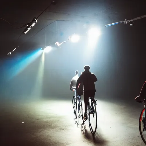 Image similar to two guys using one bicycle as a stroboscope in front of an audience, techno, foggy, dark, intense, rendering, high details